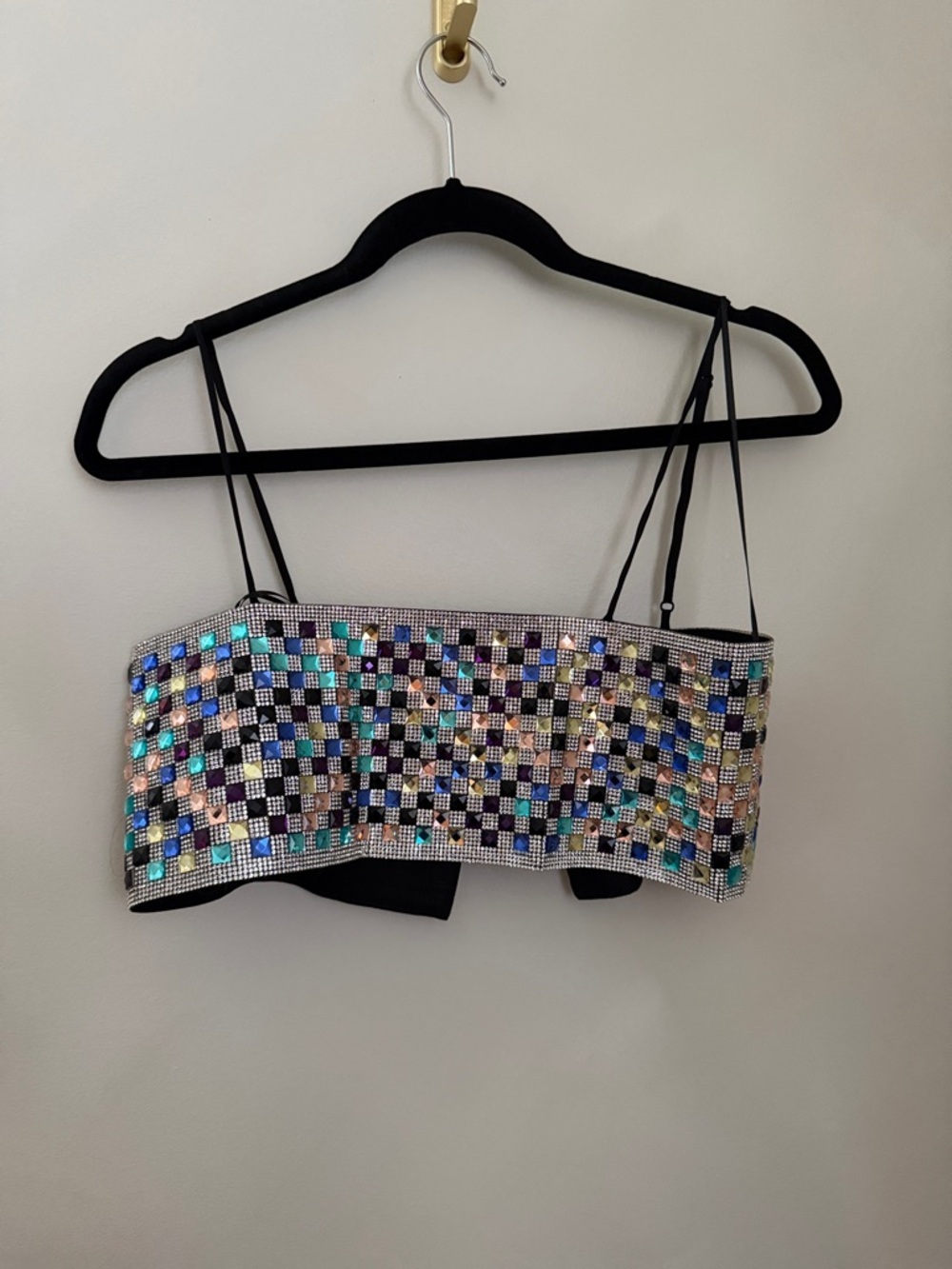 Sequin Checkered Bandeau Crop Top with Spaghetti Straps - Black